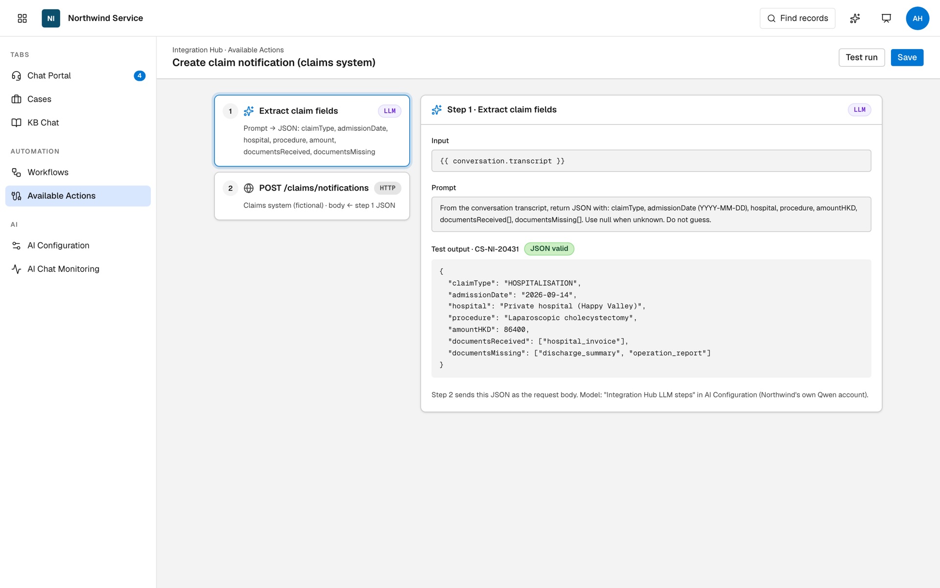 Available Action with an LLM step that returns claim fields as JSON