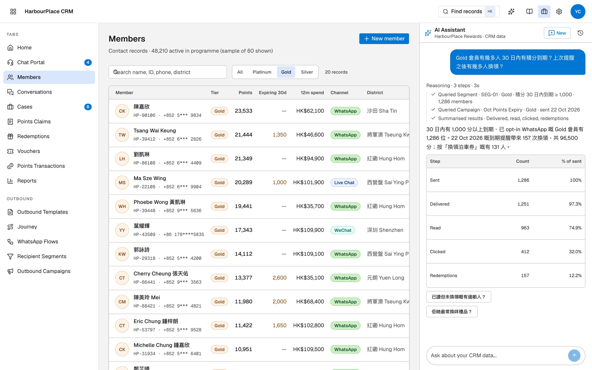 A loyalty manager asks the DialogueBase AI assistant how many Gold members have points expiring and gets the reminder campaign results as a table