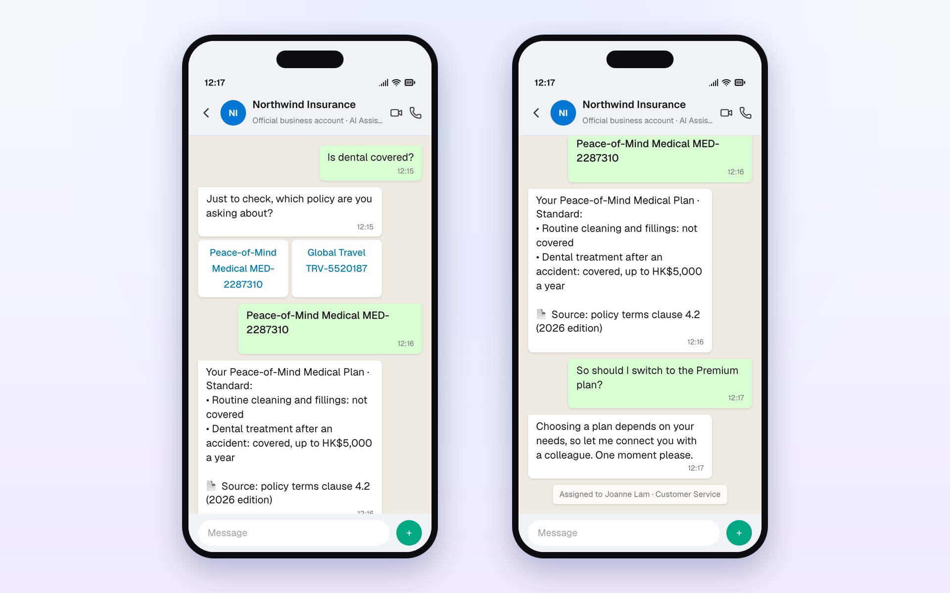 A customer's WhatsApp chat: the AI asks which policy, cites clause 4.2, then hands over to an agent