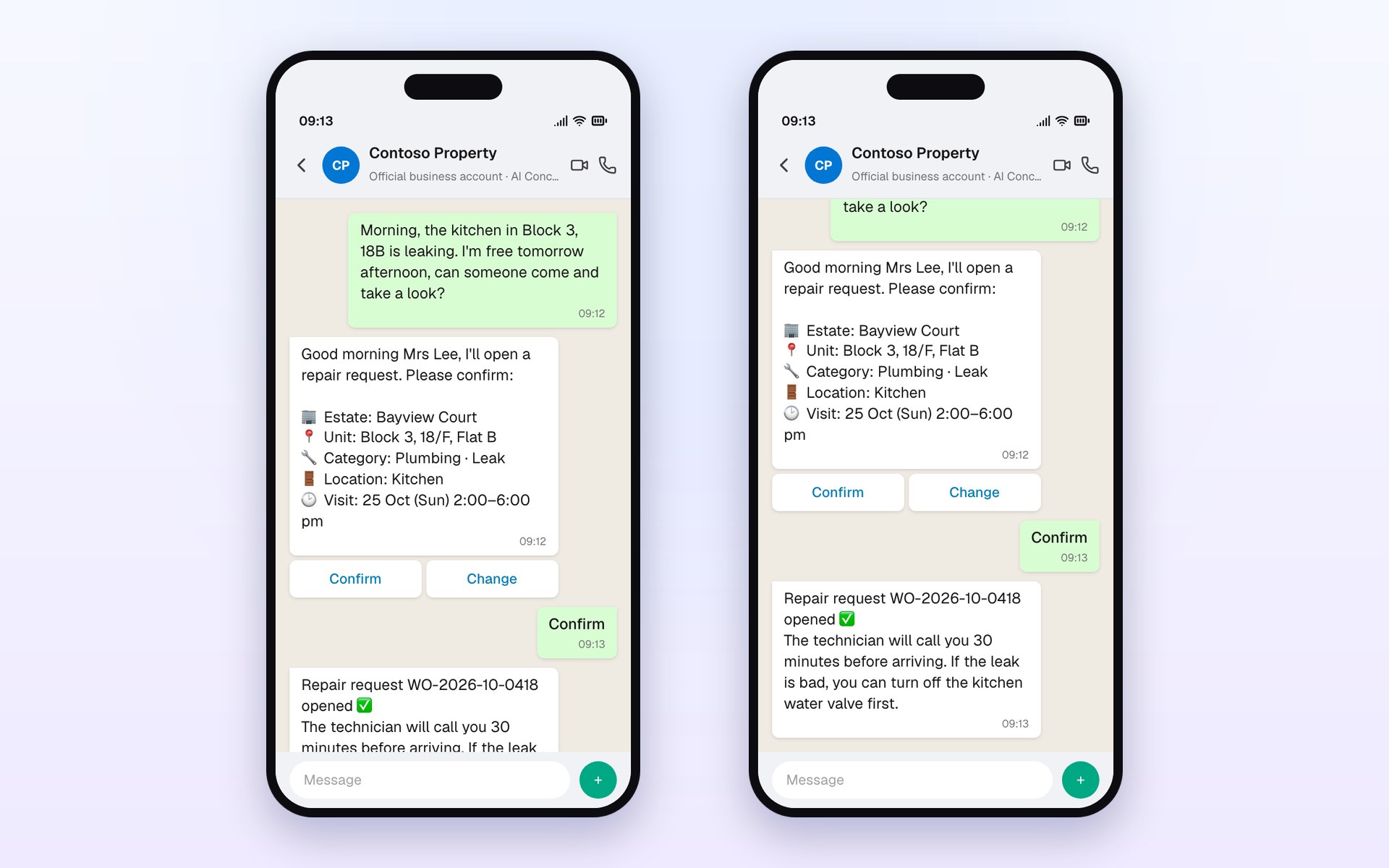 A resident reports a kitchen leak on WhatsApp and the AI Concierge opens a repair order