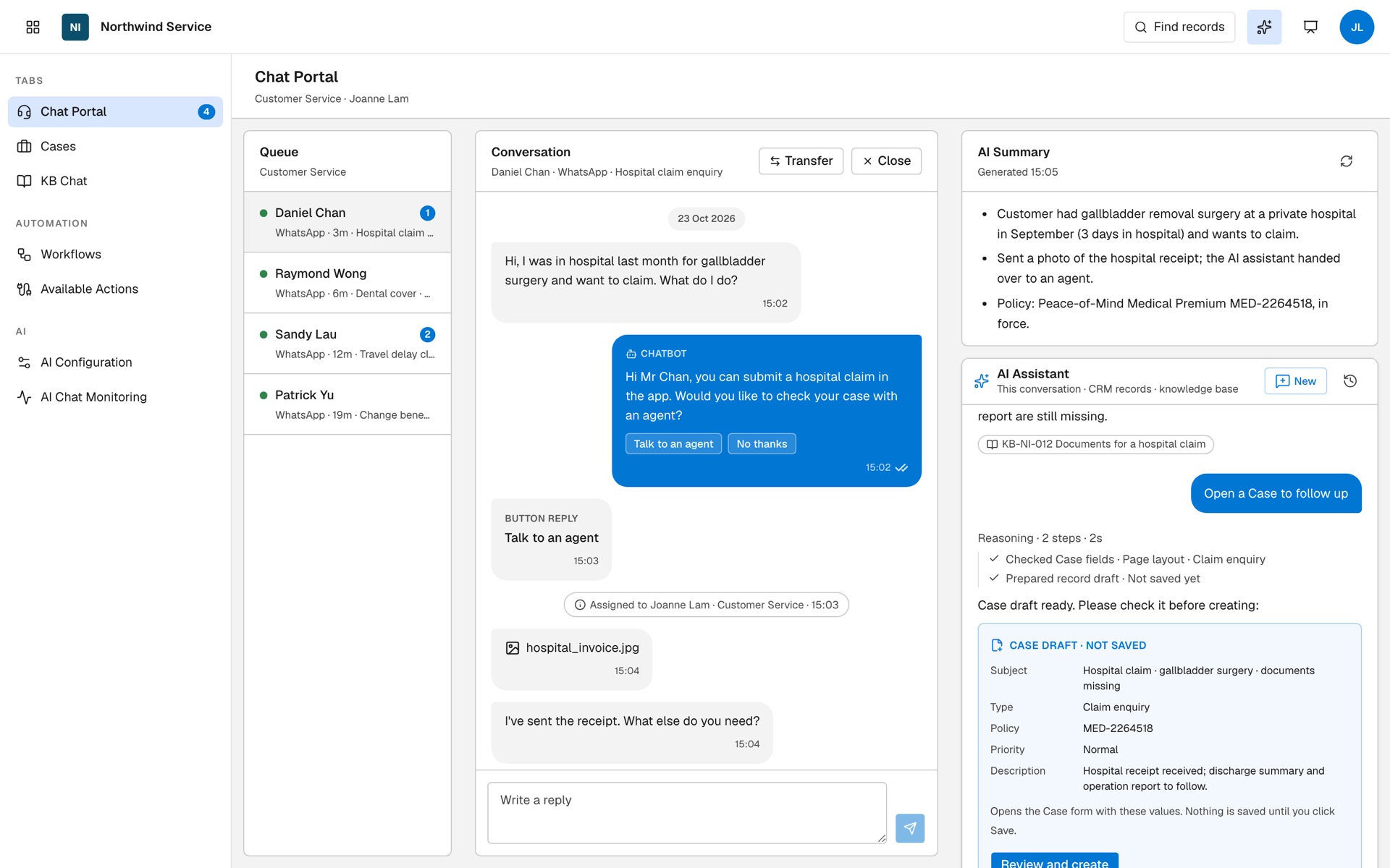 Chat Portal: the AI assistant beside a WhatsApp chat summarises it and drafts a Case for the agent