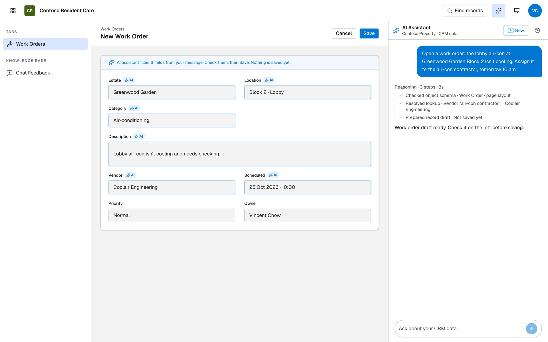 New work order form filled in by the AI assistant
