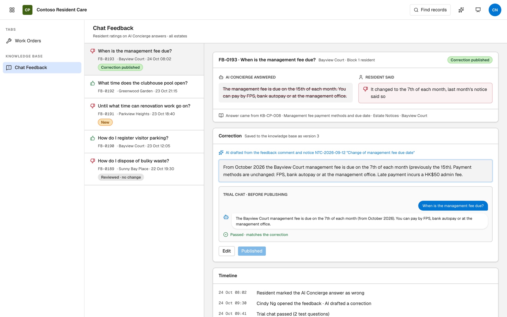 Knowledge base feedback with an AI-drafted correction