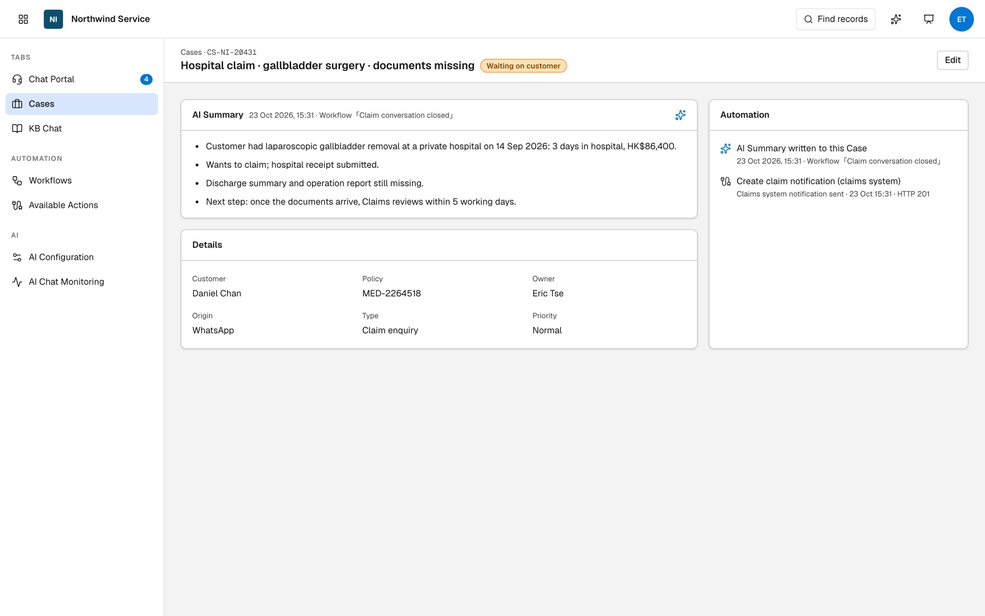 Case CS-NI-20431 with the AI summary written by the workflow