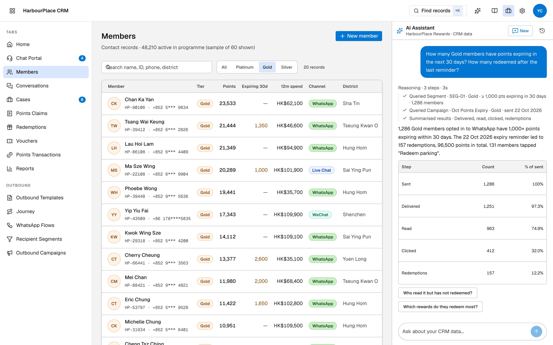 A loyalty manager asks the DialogueBase AI assistant how many Gold members have points expiring and gets the reminder campaign results as a table