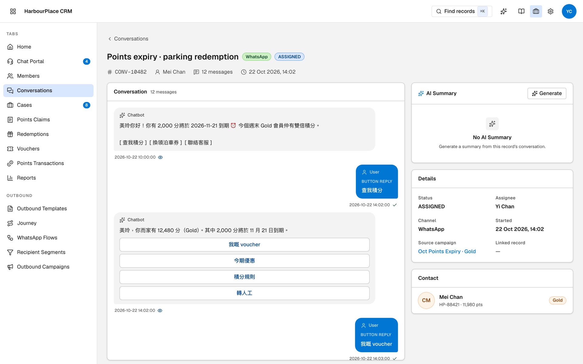 A WhatsApp conversation in DialogueBase with the campaign, button replies and chatbot answers before the agent replies