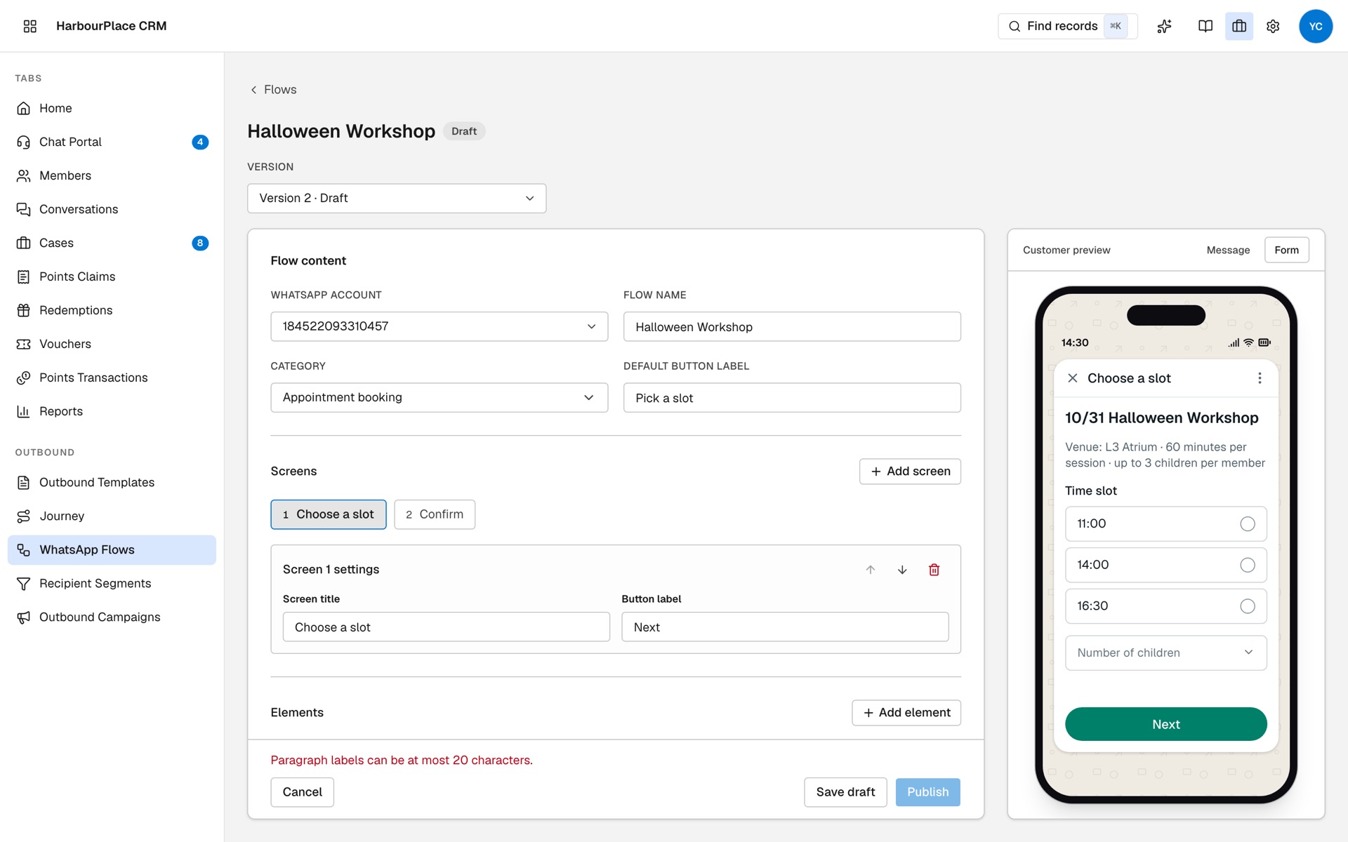 WhatsApp Flow editor for a workshop sign-up