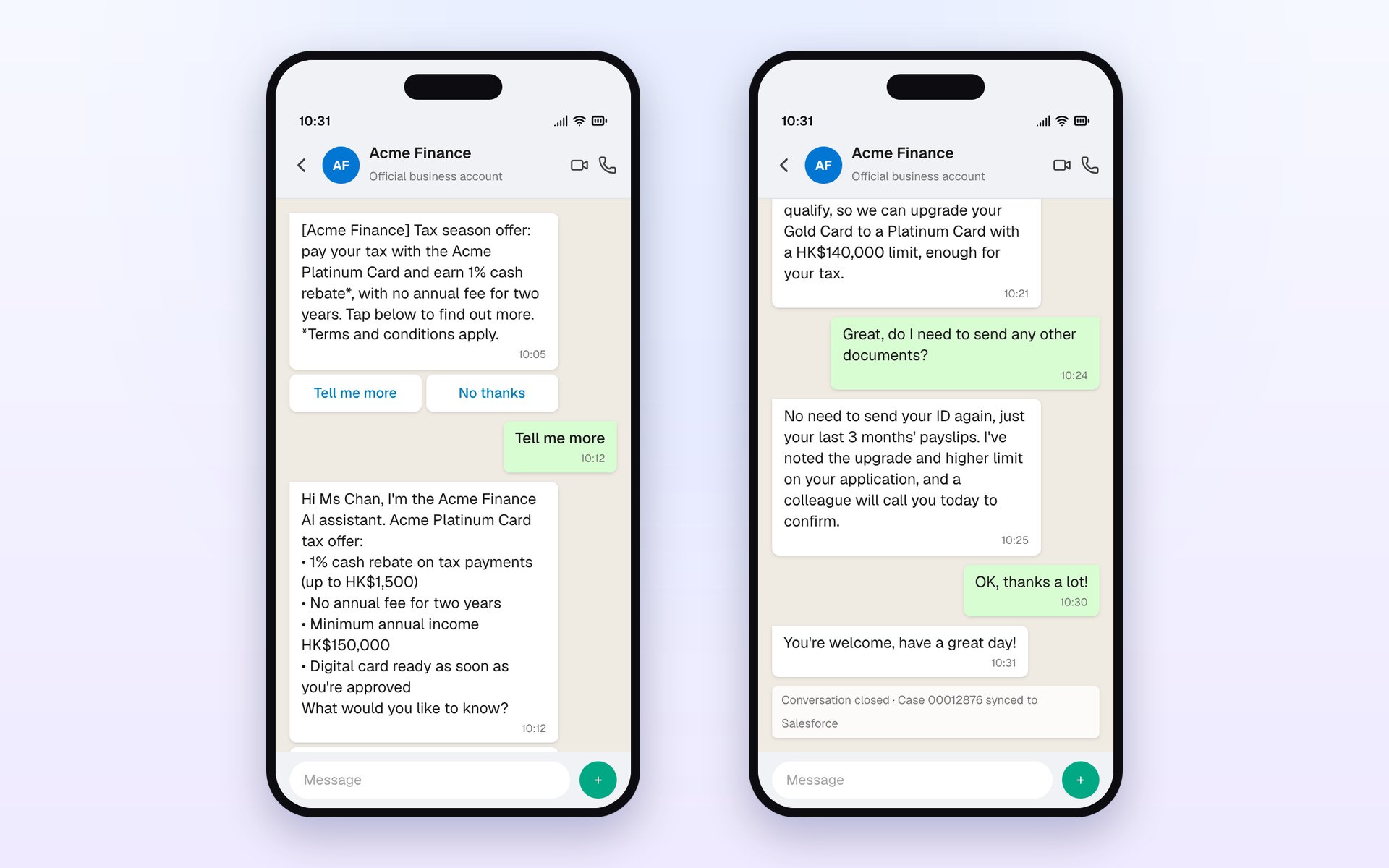WhatsApp chat: a campaign reply and the AI assistant explaining the card offer