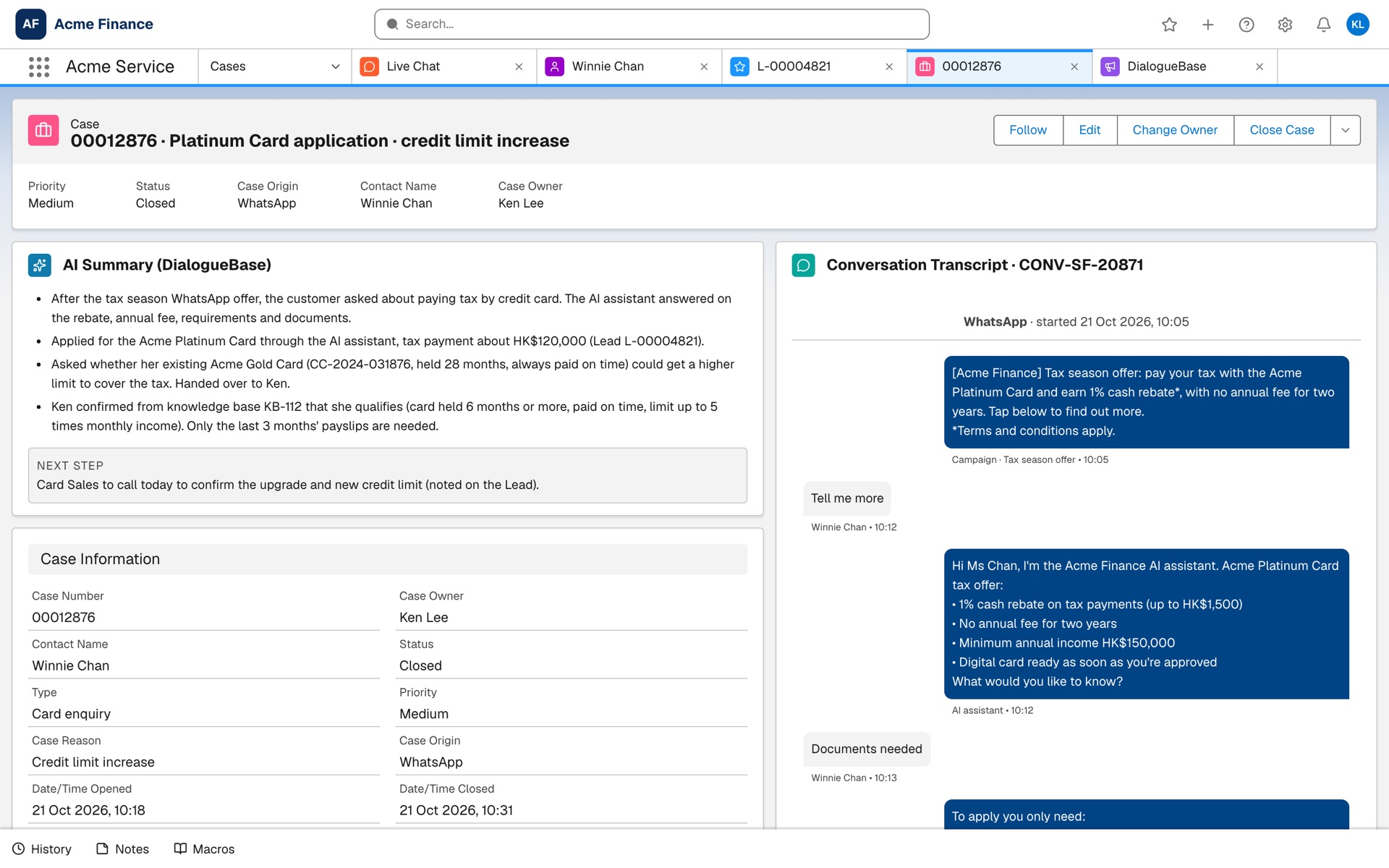 Salesforce Case with the DialogueBase AI summary and transcript