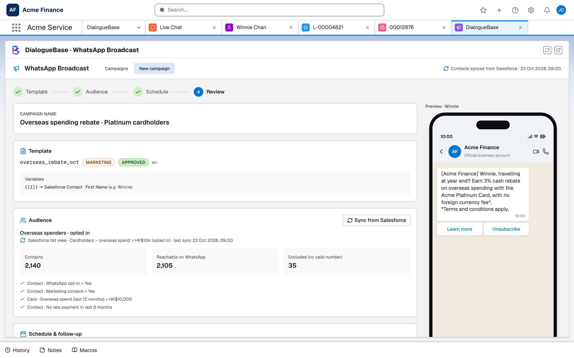 DialogueBase screens inside a Salesforce console, Acme Finance demo